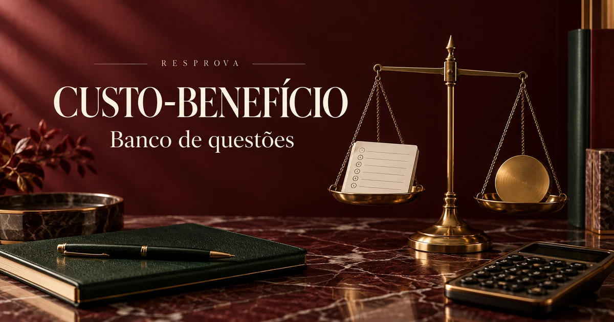 Balança de latão com cartão de estudo e disco metálico, caderno e calculadora em fundo vinho: custo-benefício do banco de questões.