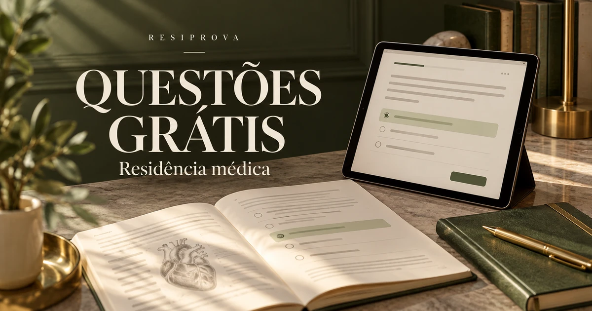 Tablet com questões ilustrativas, livro e caderno em tons verde-oliva: questões gratuitas para residência médica.
