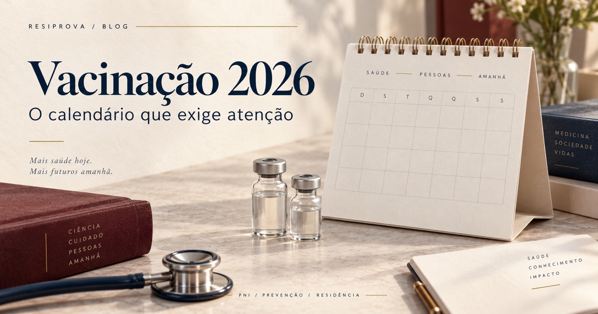 Capa Vacinação 2026, com calendário de papel e frascos ilustrativos em marfim, vinho e azul.