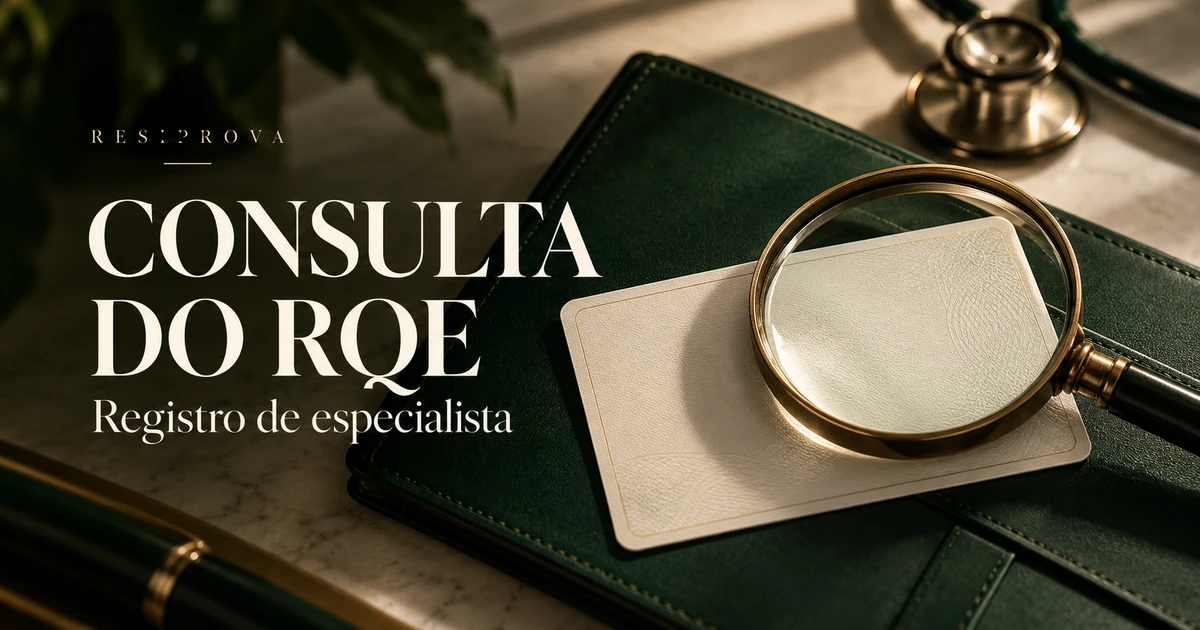 Lupa de latão sobre cartão profissional sem dados e pasta verde: consulta do RQE.