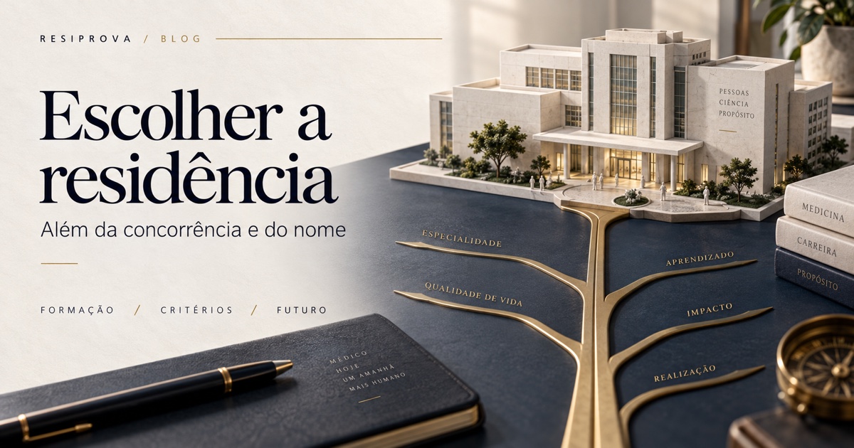 Capa Escolher a residência, com maquete hospitalar e caminhos de metal dourado sobre mesa azul-marinho.