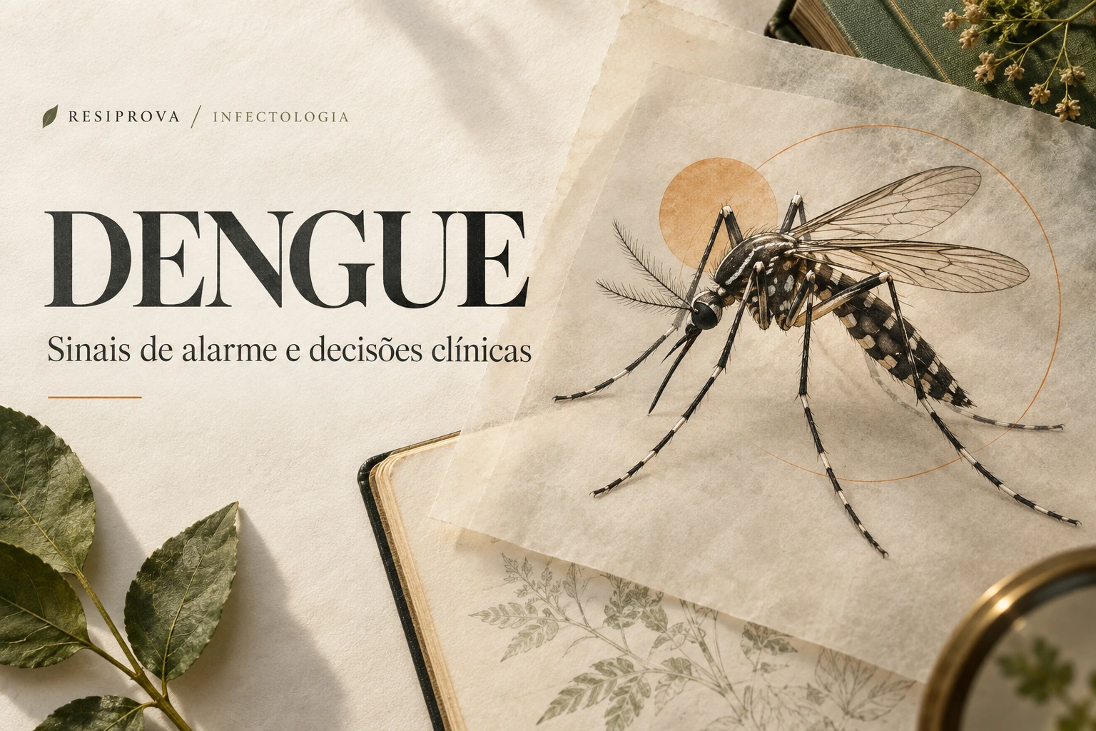 Capa editorial sobre dengue, com ilustração de mosquito em papel translúcido e título em tipografia de revista.