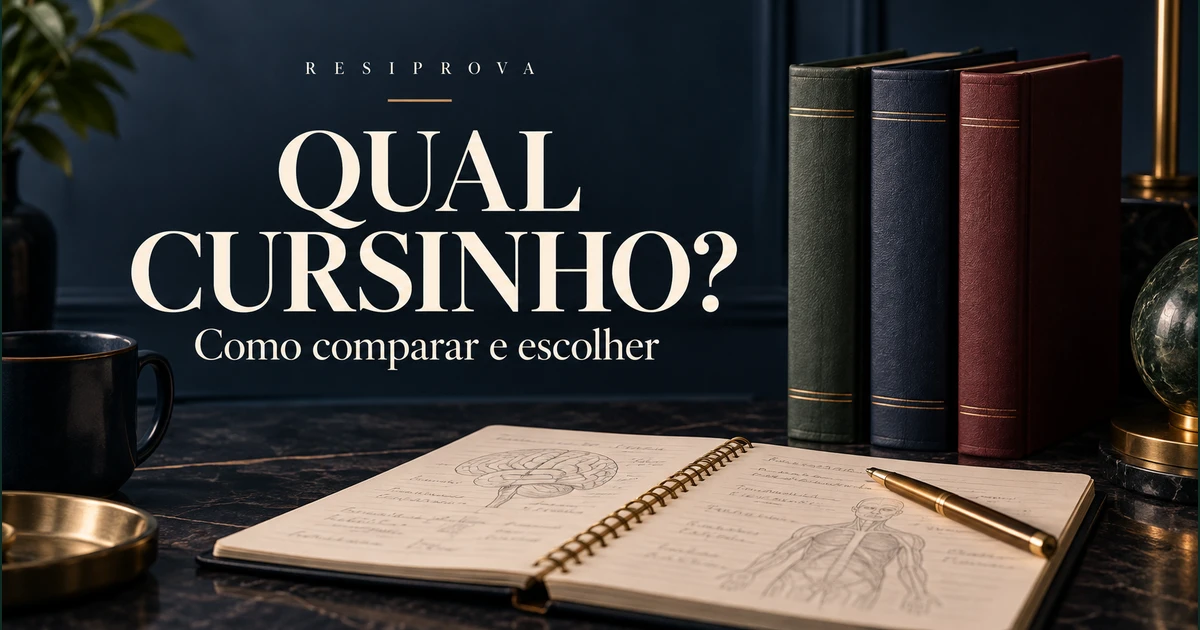 Três livros sem marcas e caderno de estudos sobre fundo azul-escuro: como comparar cursinhos de residência.