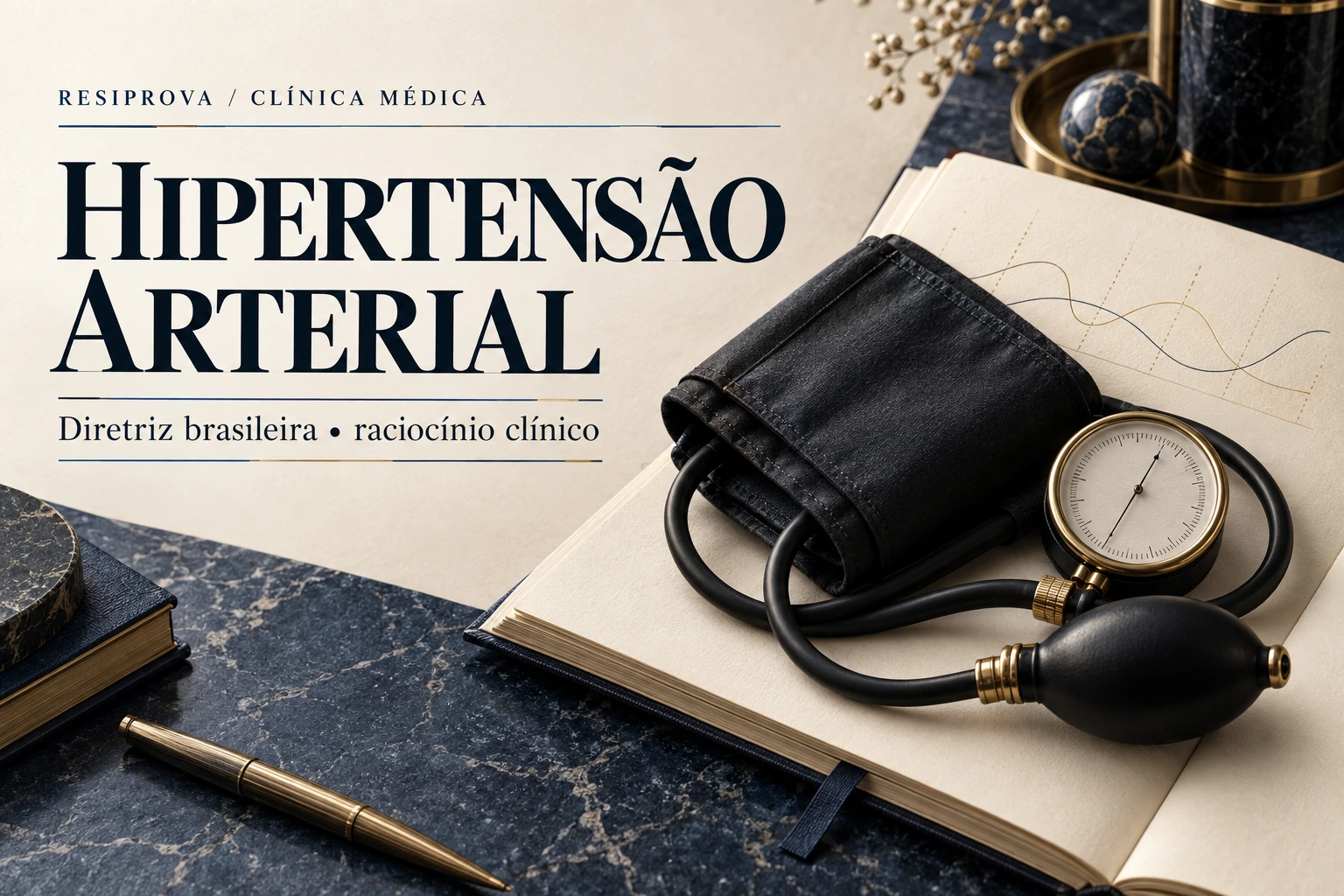 Capa editorial sobre hipertensão arterial, com manguito e manômetro sobre caderno em tons de azul e marfim.