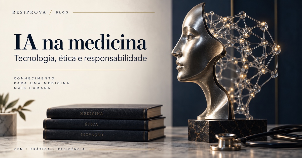 Capa IA na medicina, com escultura de perfil humano e rede tecnológica em azul profundo e dourado.