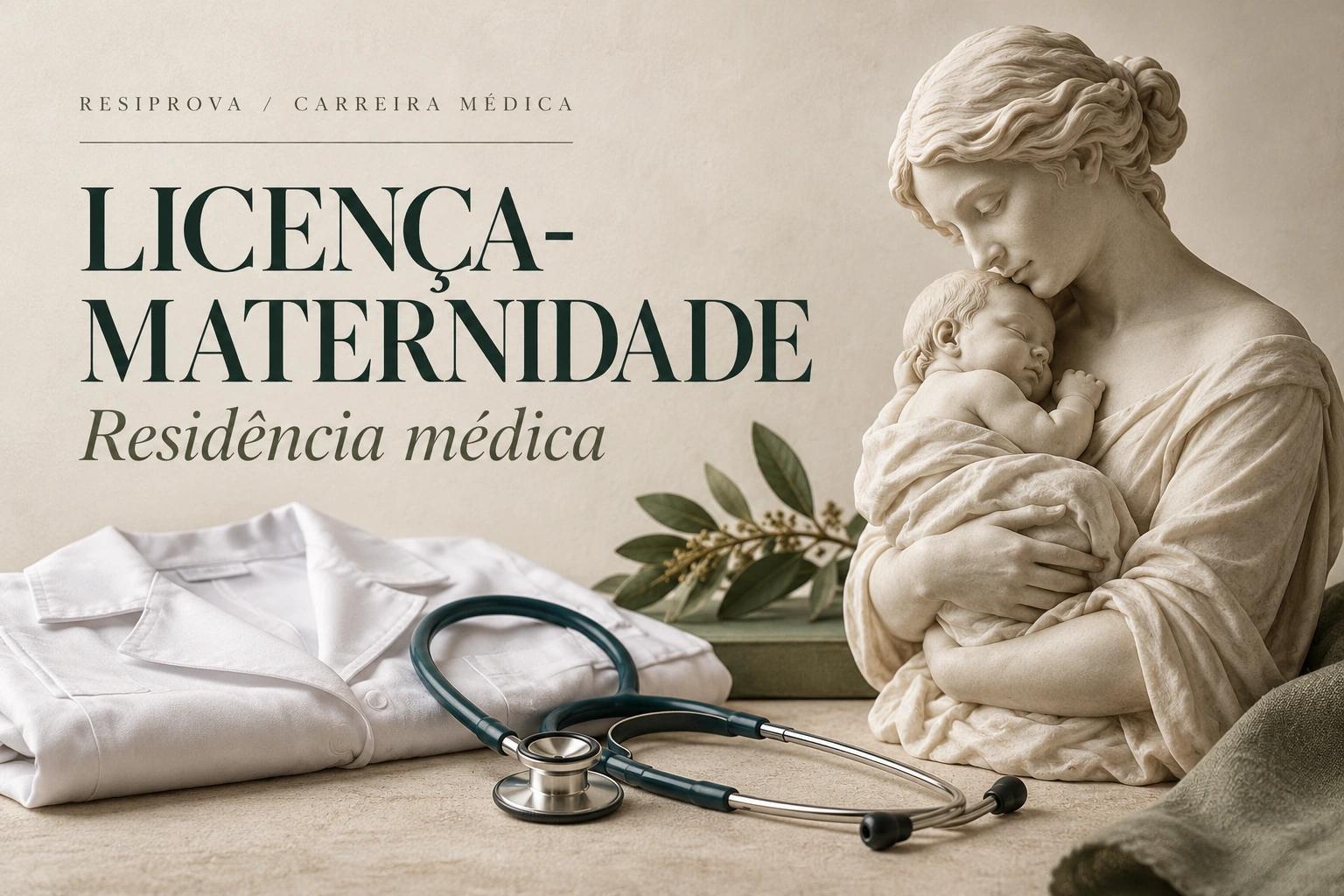 Capa editorial de licença-maternidade na residência médica, com escultura de mãe e bebê, jaleco e estetoscópio sobre fundo marfim.