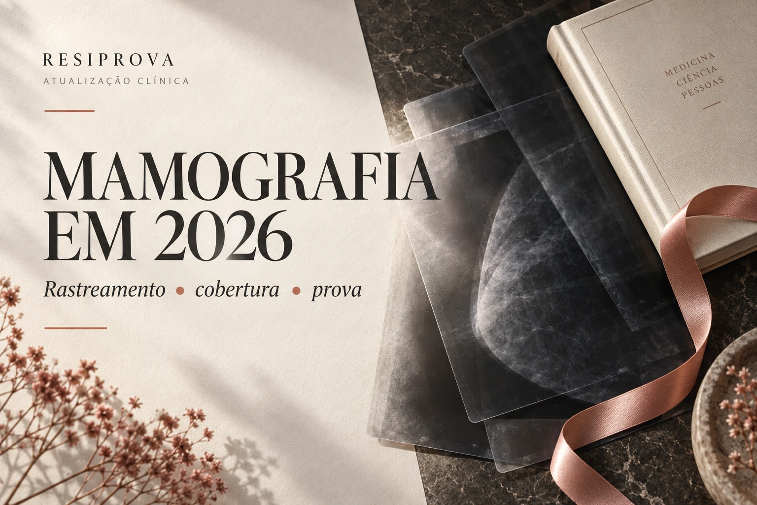 Capa editorial sobre mamografia em 2026, com tipografia em papel claro, filmes radiográficos ilustrativos e fita rosa.