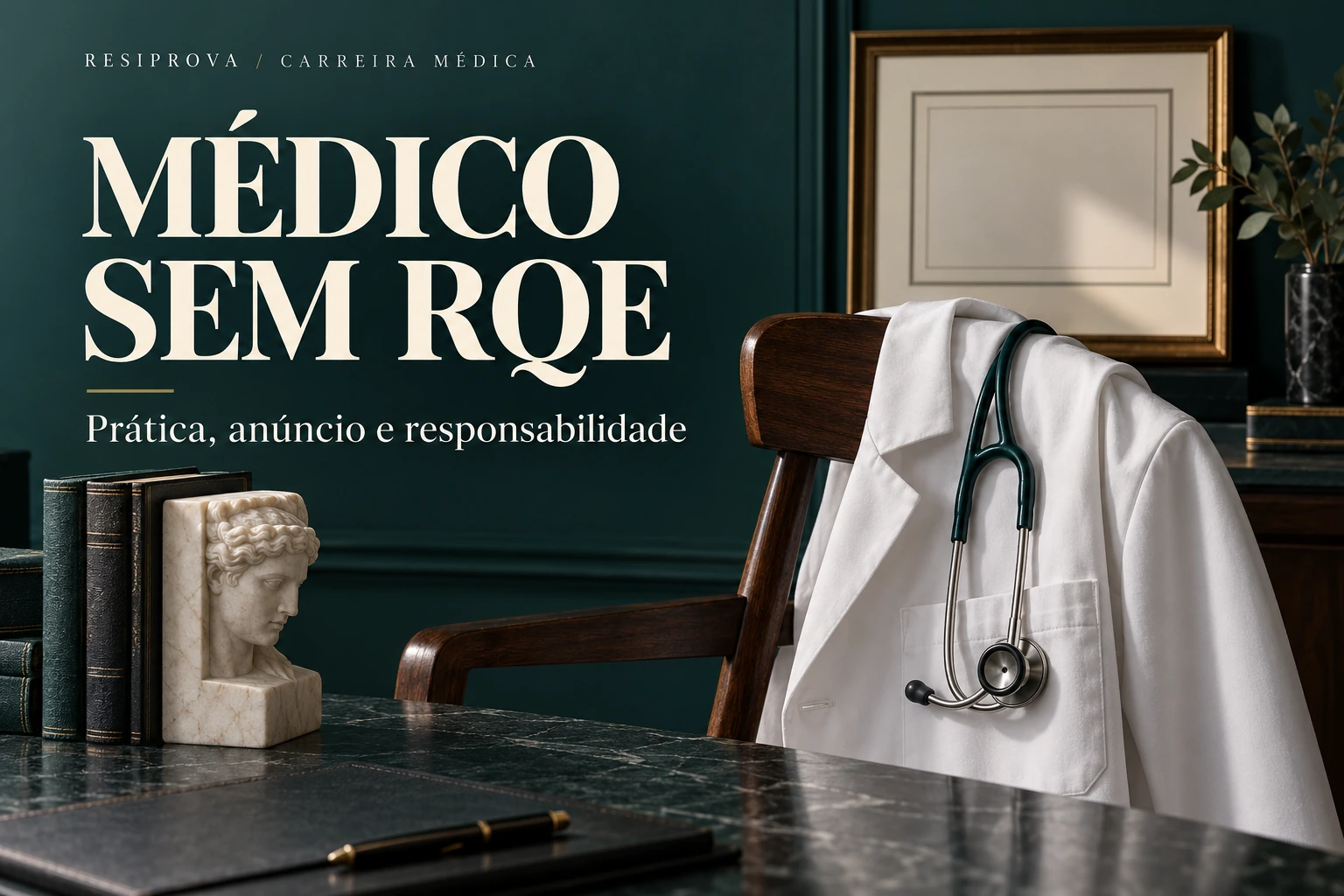 Capa editorial sobre atuação médica sem RQE, com jaleco e estetoscópio sobre cadeira de madeira, livros e diploma sem identificação em fundo verde-escuro.