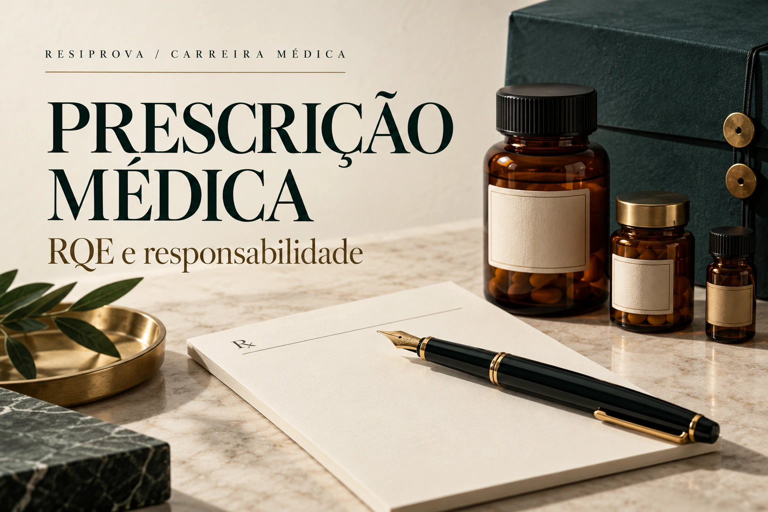 Capa editorial sobre prescrição médica e RQE, com caneta-tinteiro, receituário sem dados e frascos de medicamentos sem identificação.