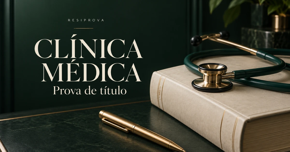 Estetoscópio sobre livro clínico marfim em fundo verde: prova de título de Clínica Médica.