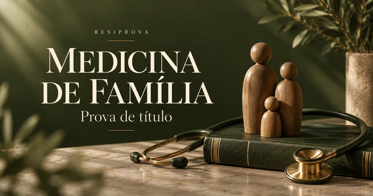 Figuras de madeira representando uma família, estetoscópio e livro em fundo verde-oliva.