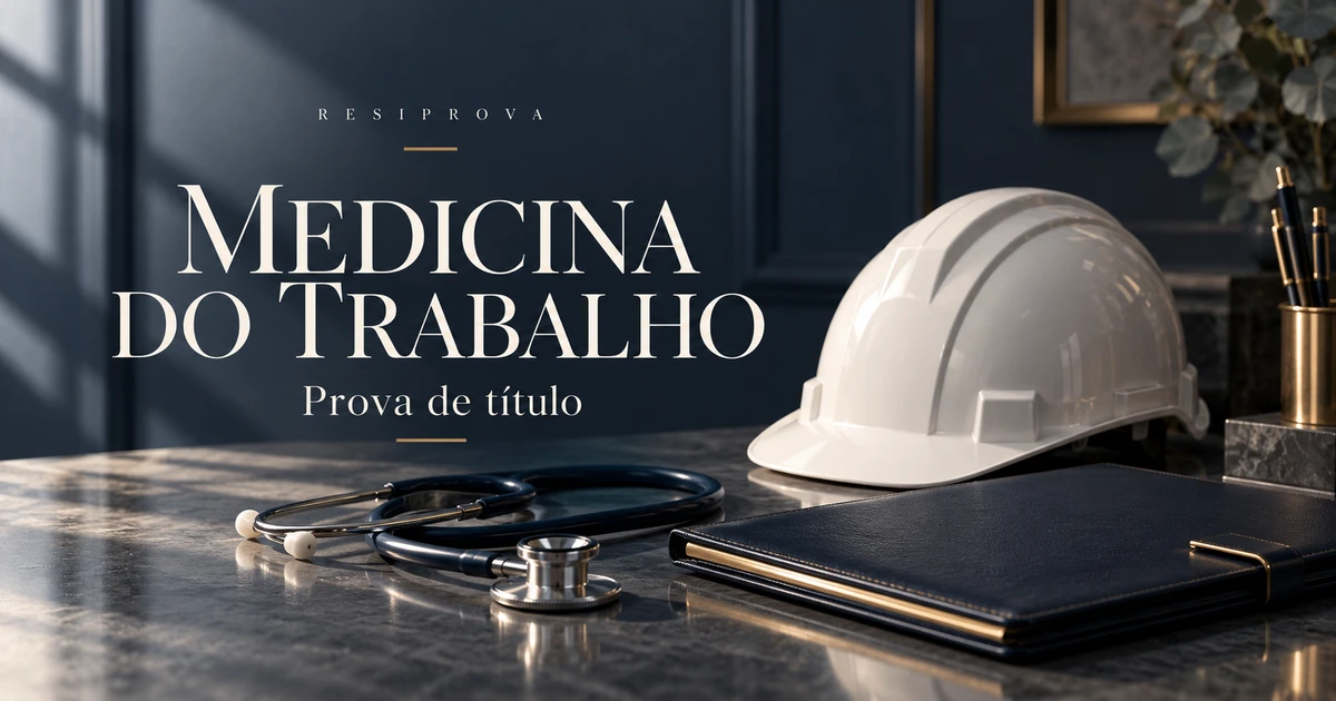 Capacete branco, estetoscópio e caderno em cenário azul: prova de título de Medicina do Trabalho.