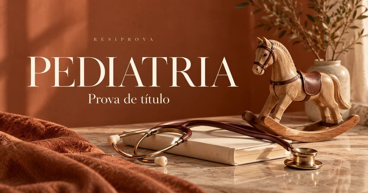 Cavalinho de madeira, estetoscópio pediátrico e livro sobre fundo terracota.