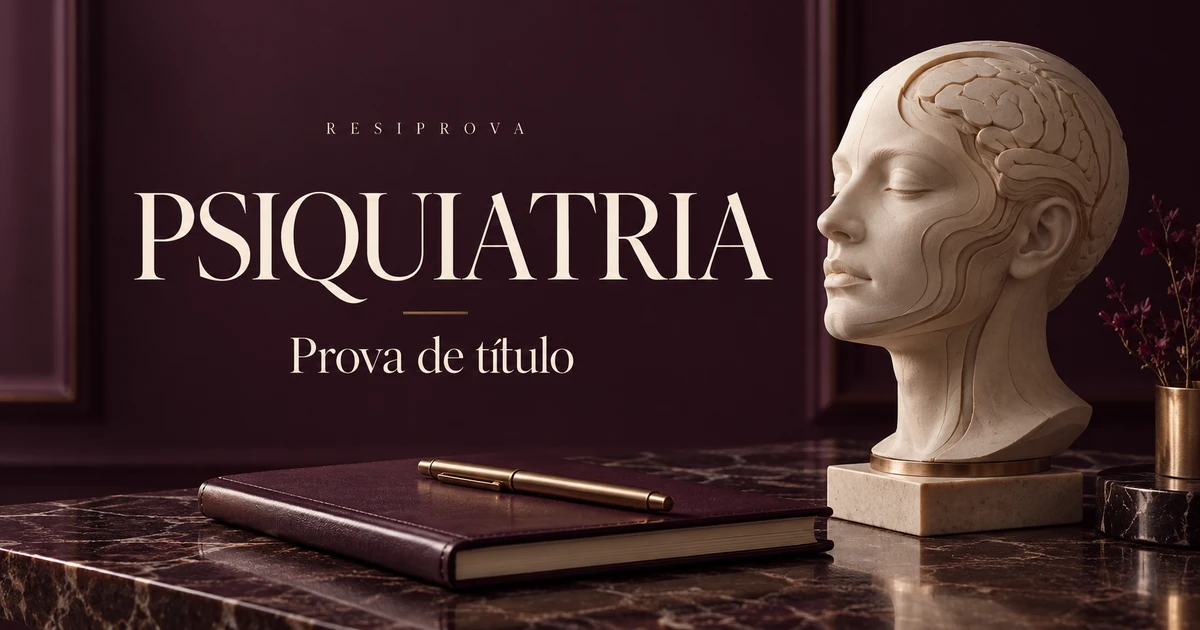 Capa editorial de Psiquiatria: escultura de cabeça humana, caderno e caneta sobre fundo vinho.