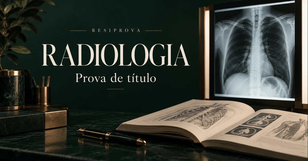 Capa editorial de Radiologia: negatoscópio ilustrativo, livro de anatomia e caneta sobre fundo verde-petróleo.