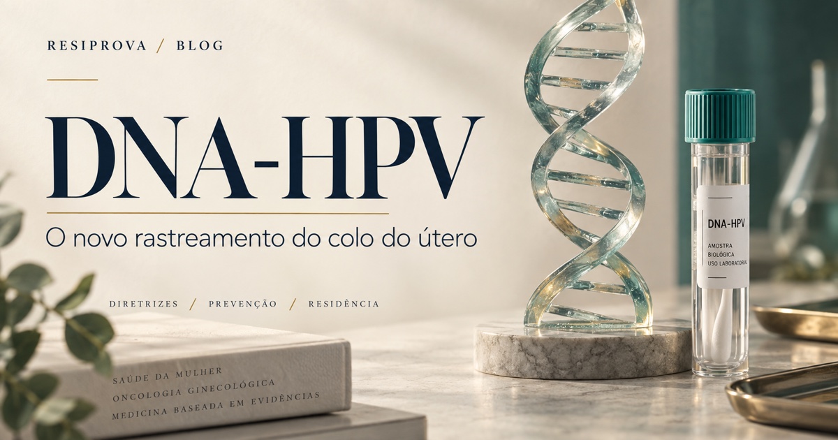 Capa editorial DNA-HPV, com hélice de vidro e tubo de laboratório em tons de marfim e verde-petróleo.