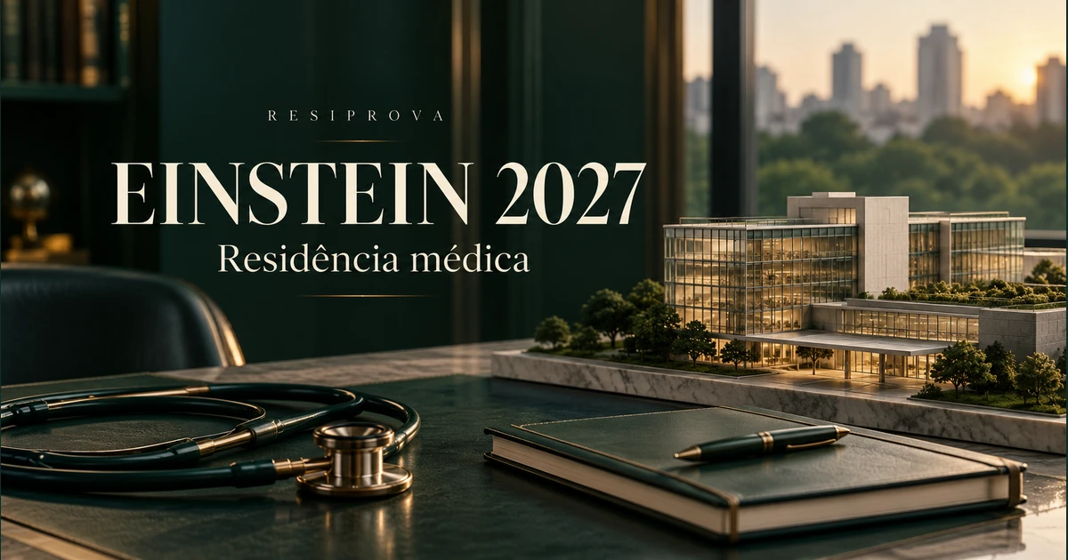 Maquete hospitalar ilustrativa de vidro e caderno médico: residência Einstein 2027.