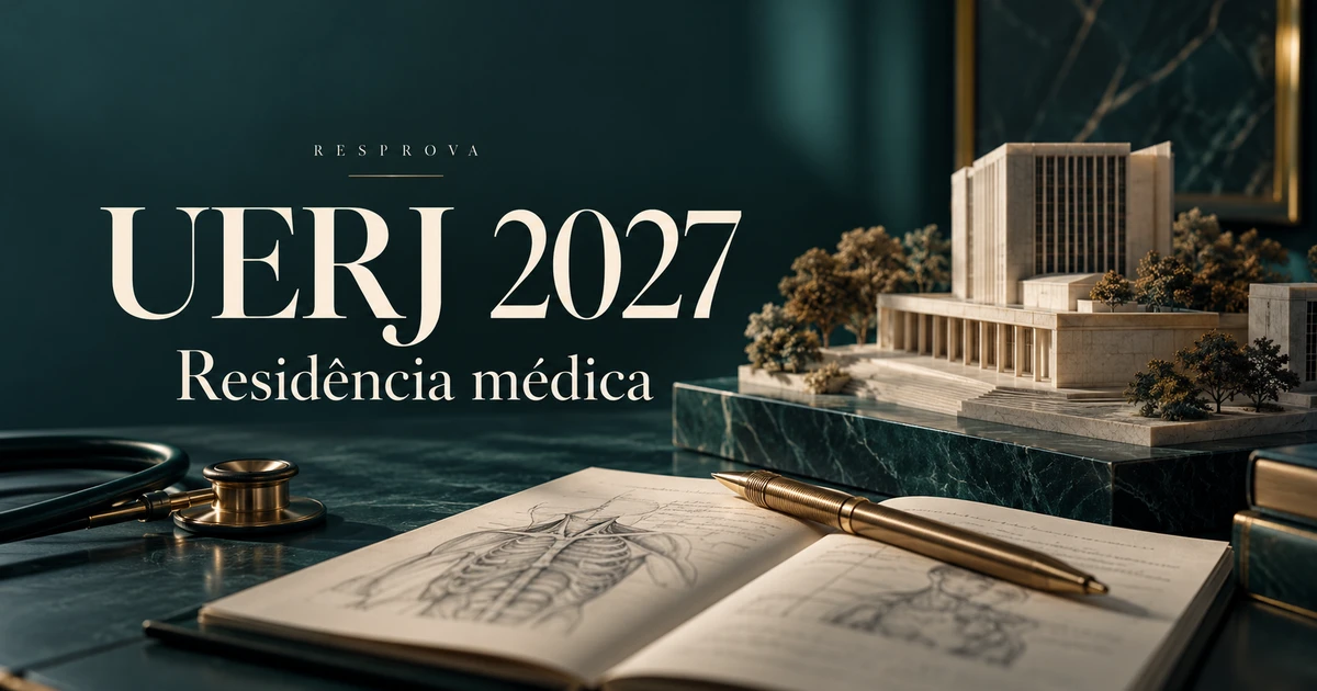 Maquete arquitetônica universitária ilustrativa, caderno e estetoscópio: UERJ 2027.
