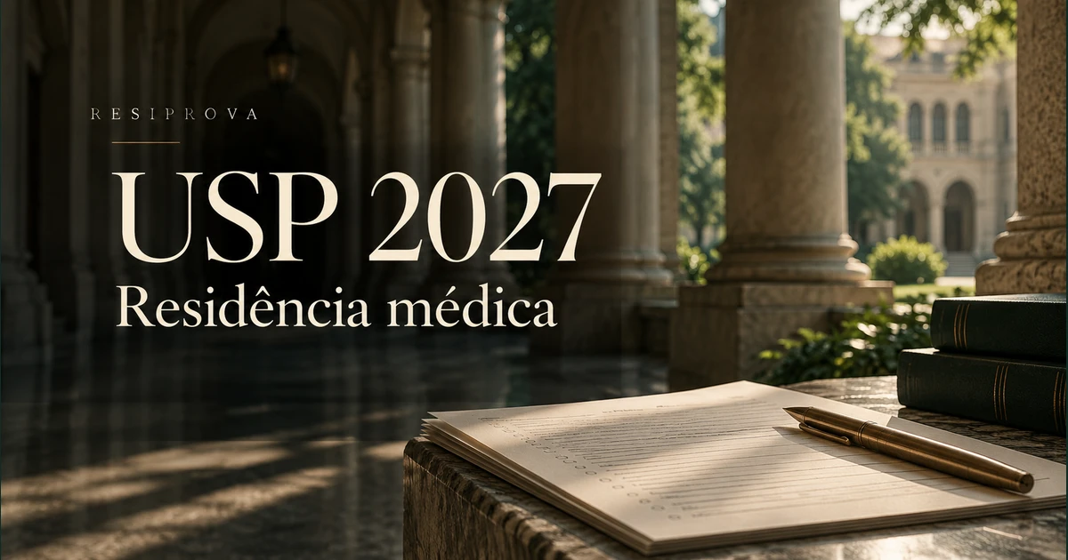 Colunata universitária ilustrativa e caderno de prova: residência USP 2027.