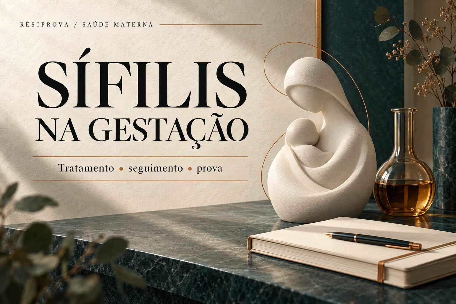Capa editorial sobre sífilis na gestação, com escultura abstrata de mãe e bebê em tons de marfim e verde.